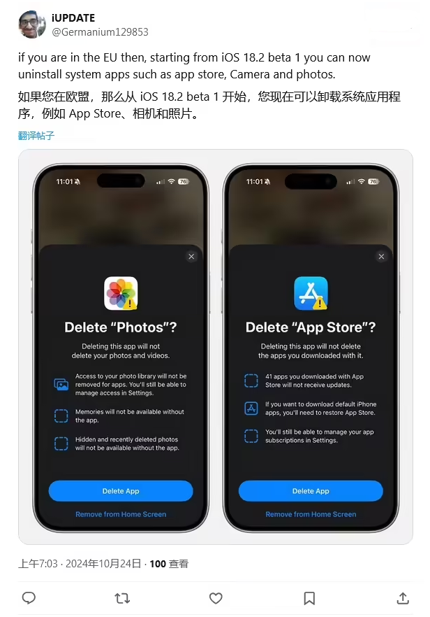 北湖苹果手机维修分享iOS 18.2 支持删除 App Store 应用商店 