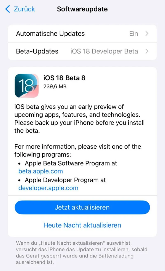 北湖苹果手机维修分享苹果 iOS / iPadOS 18 开发者预览版 Beta 8 发布 